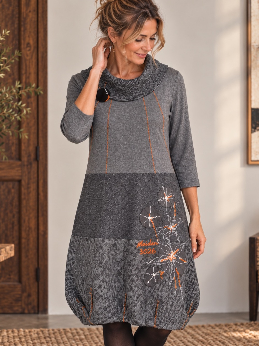 Lagenlook Textured Bubble Hem Embroidered Art to Wear Dress